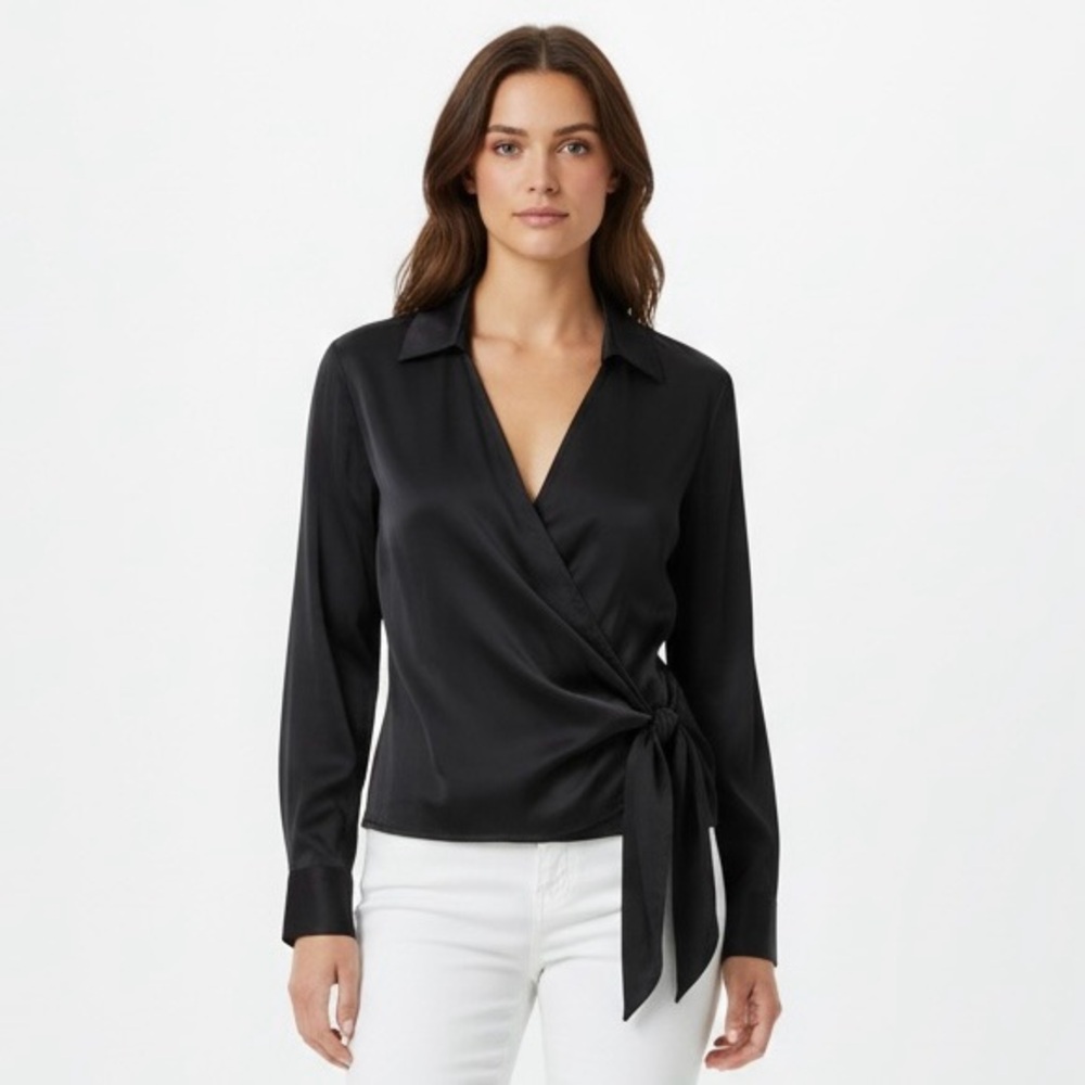 Black Wrap Design V-Neck Long Sleeve with‎ Collar Blouse